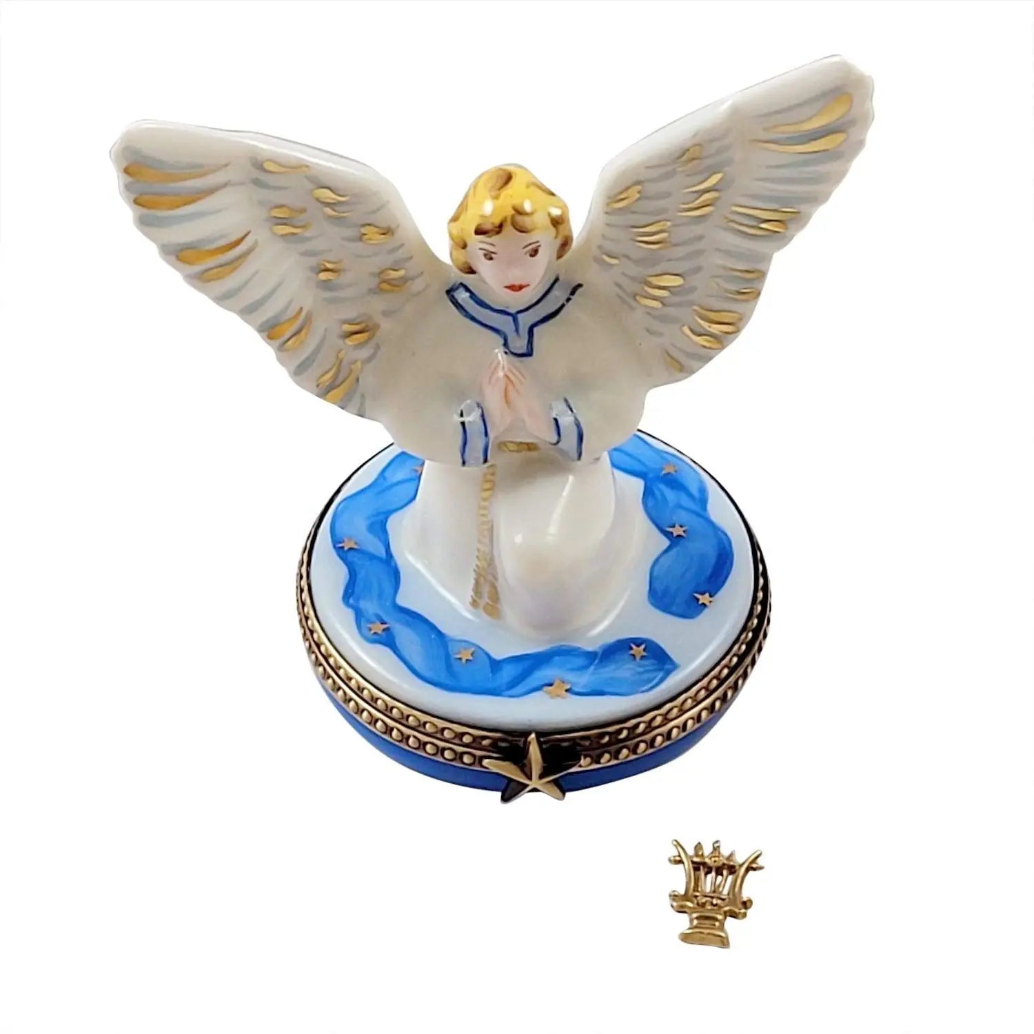 Angel Gabriel with Brass Instrument Porcelain Limoges Angel French Trinket Box