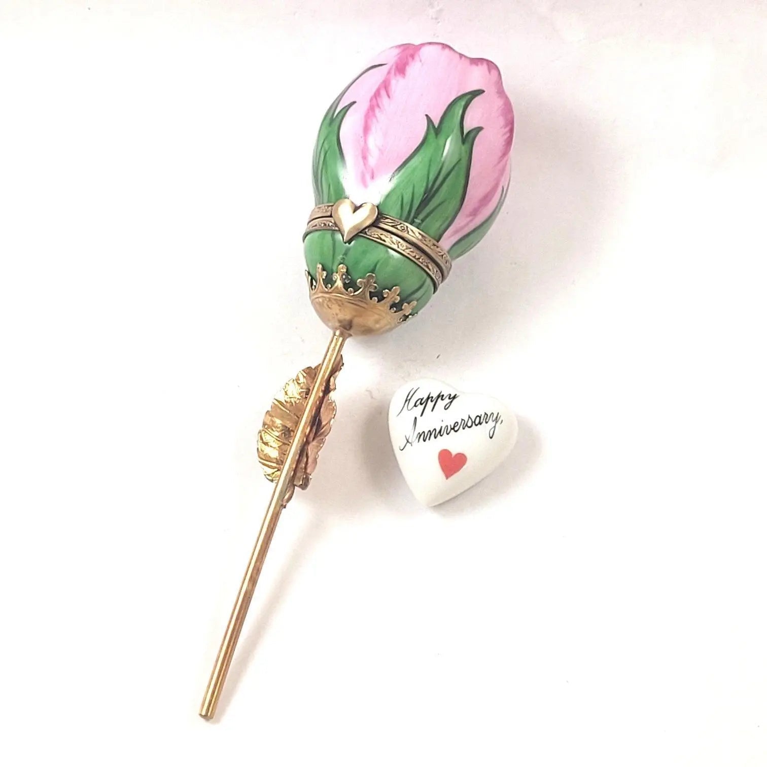 Anniversary Pink Long Stem Rose Porcelain Limoges anniversary wedding French Trinket Box