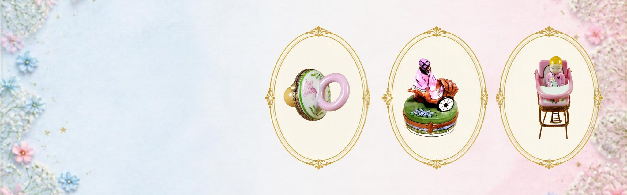 Baby Limoges boxes: Pink Rabbit Pacifier, Woman with Baby Carriage and Baby in Pink High Chair in gold cameo frames