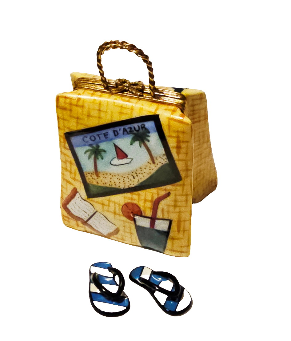 Beach Tote w acrylic Flip Flops Porcelain Limoges purse bag beach French Trinket Box
