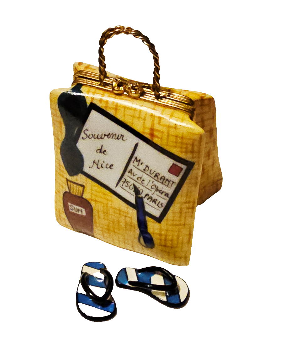 Beach Tote w acrylic Flip Flops Porcelain Limoges purse bag beach French Trinket Box