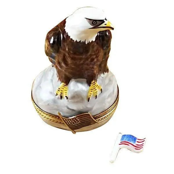 Bald Eagle with Removable American Flag Porcelain Limoges american patriotic wild bird French Trinket Box