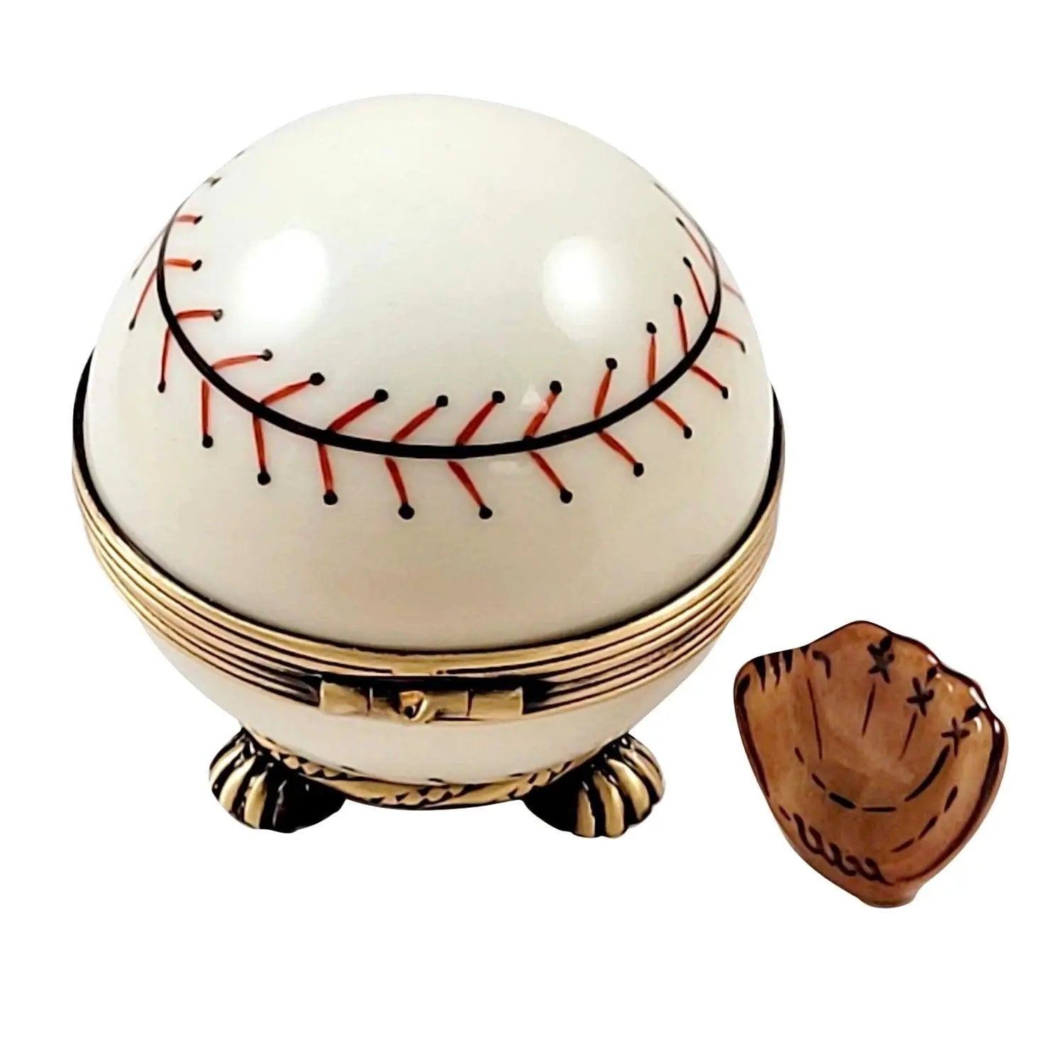 Baseball on Stand with a Removable Baseball Glove.. Porcelain Limoges sports limoges boxes French Trinket Box