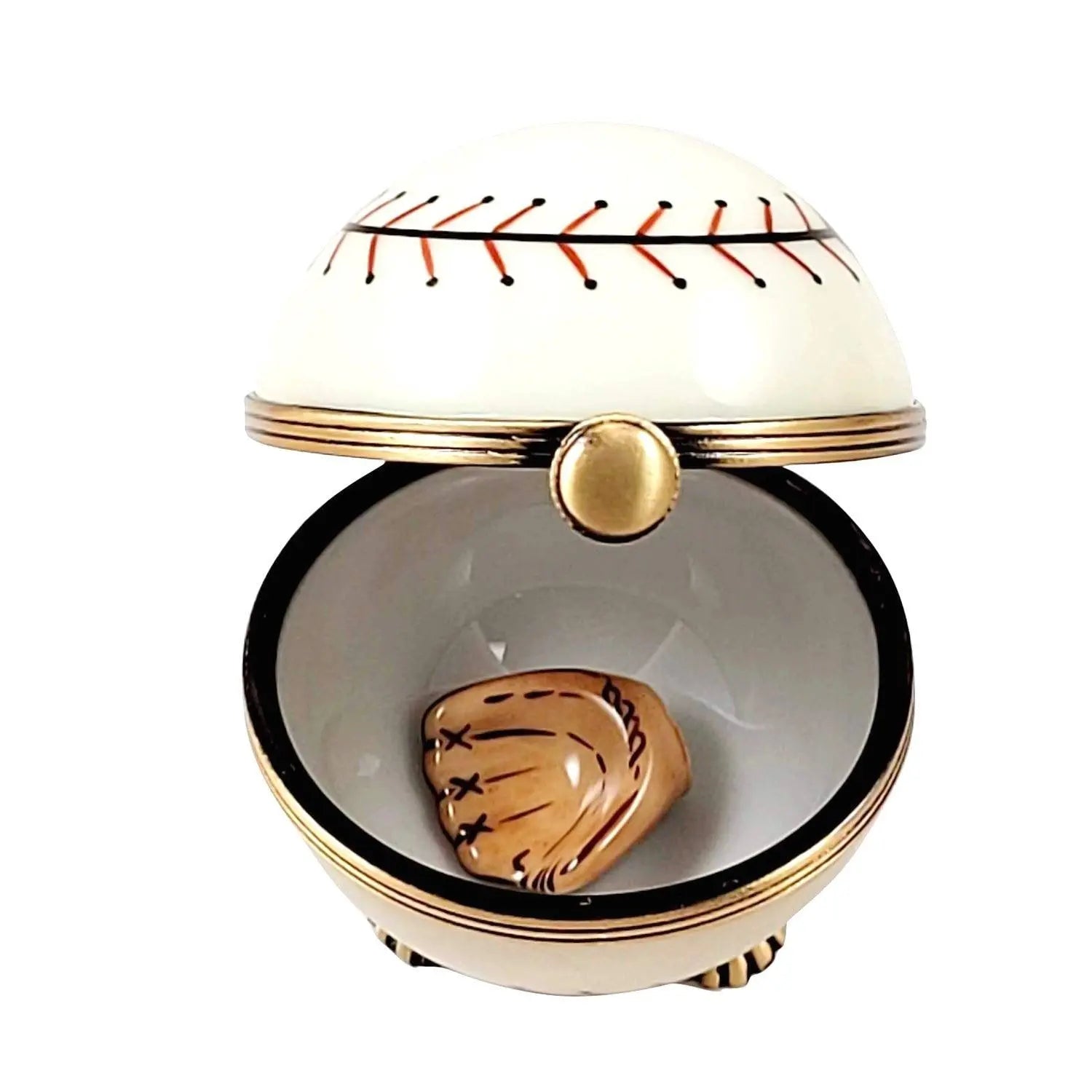 Baseball on Stand with a Removable Baseball Glove.. Porcelain Limoges sports limoges boxes French Trinket Box