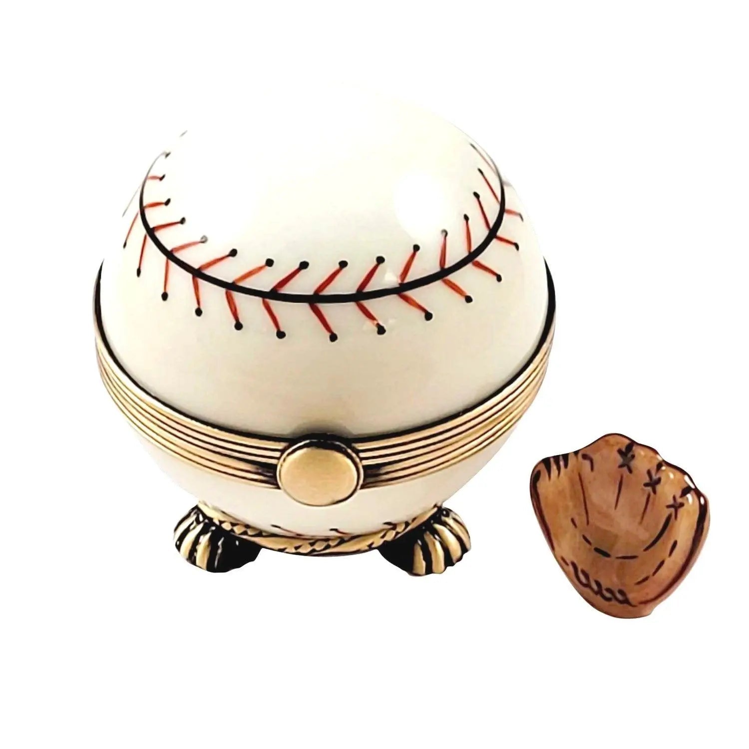 Baseball on Stand with a Removable Baseball Glove.. Porcelain Limoges sports limoges boxes French Trinket Box
