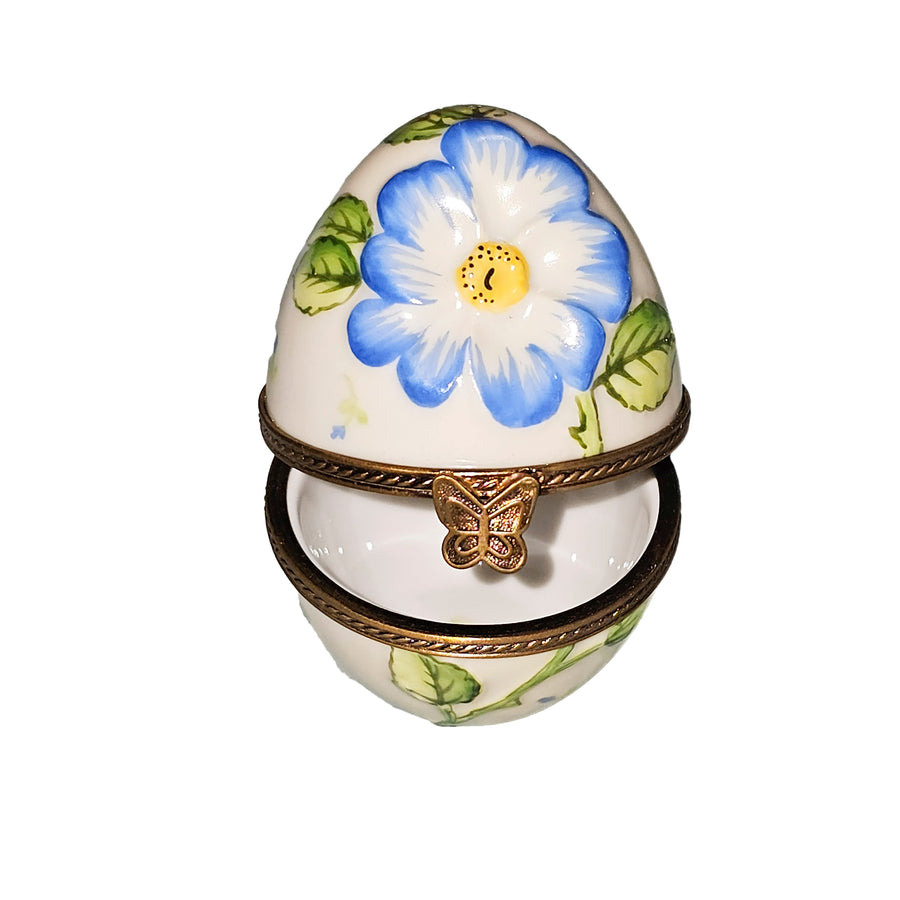 Beige Egg with Blue Flower Porcelain Limoges egg French Trinket Box
