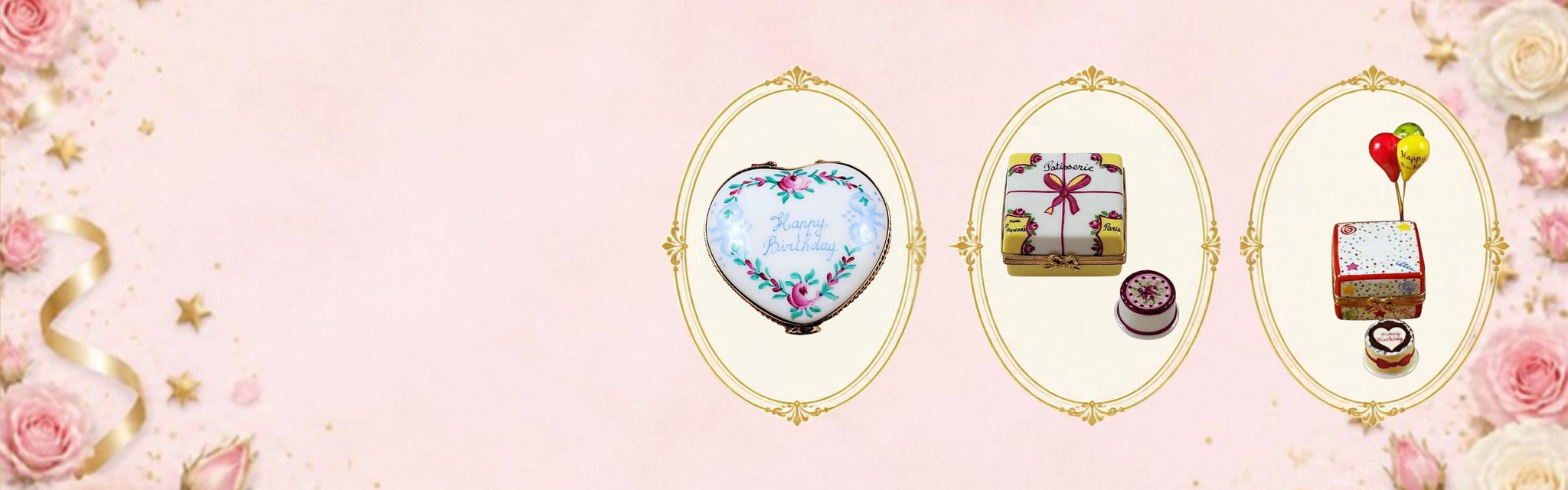 Birthday Limoges boxes: Happy Birthday Heart, Patisserie Cake and Birthday Cake with Balloons and Confetti in gold cameo frames
