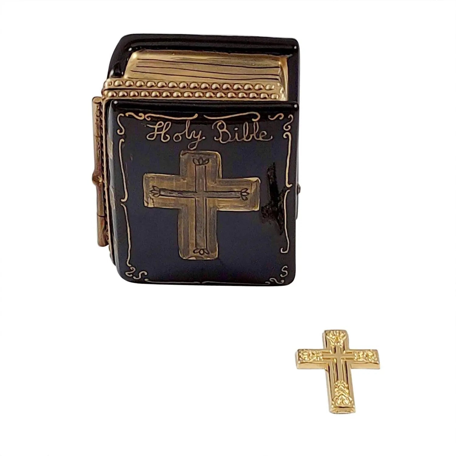 Black Bible with Removable Brass Cross Porcelain Limoges christian religious French Trinket Box