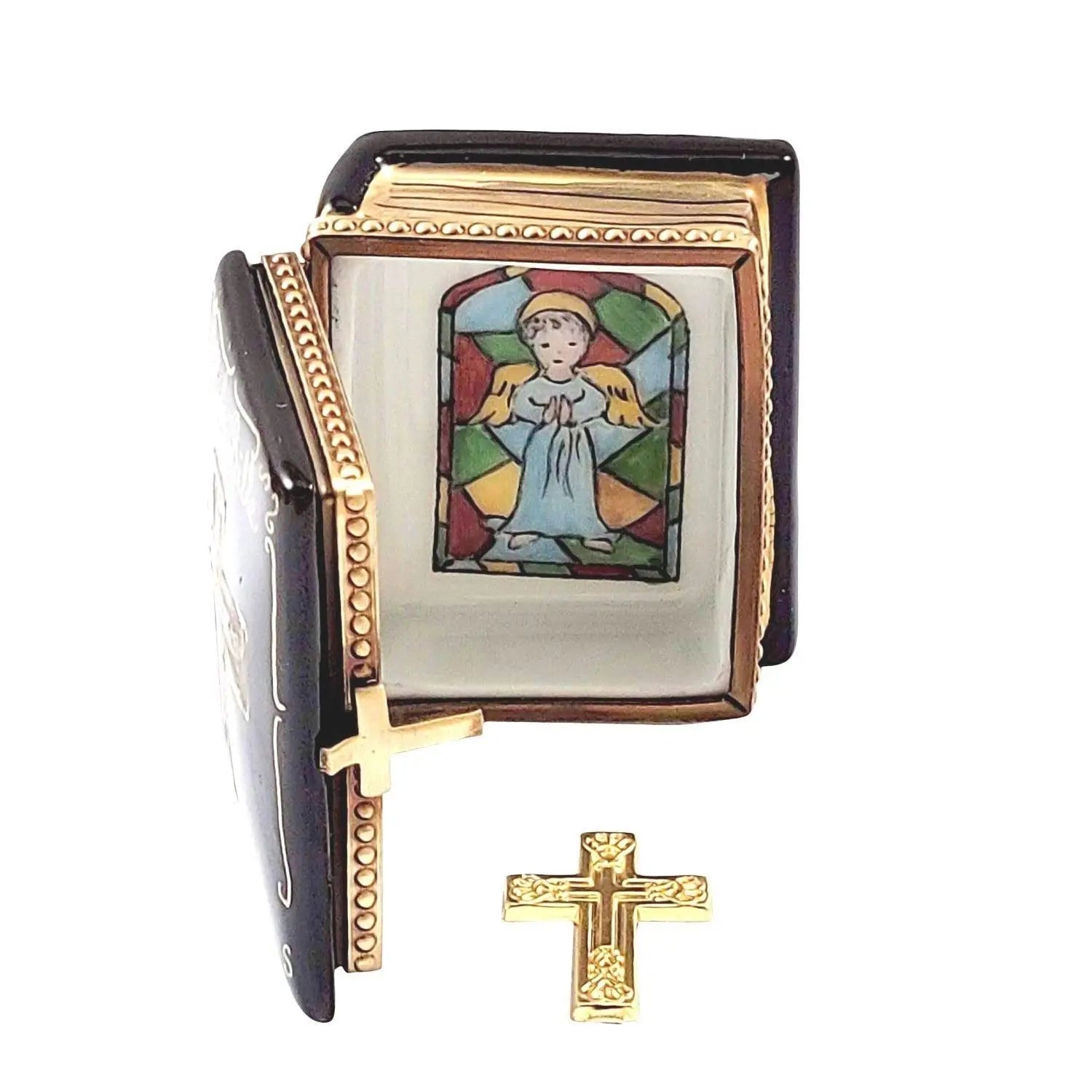 Black Bible with Removable Brass Cross Porcelain Limoges christian religious French Trinket Box