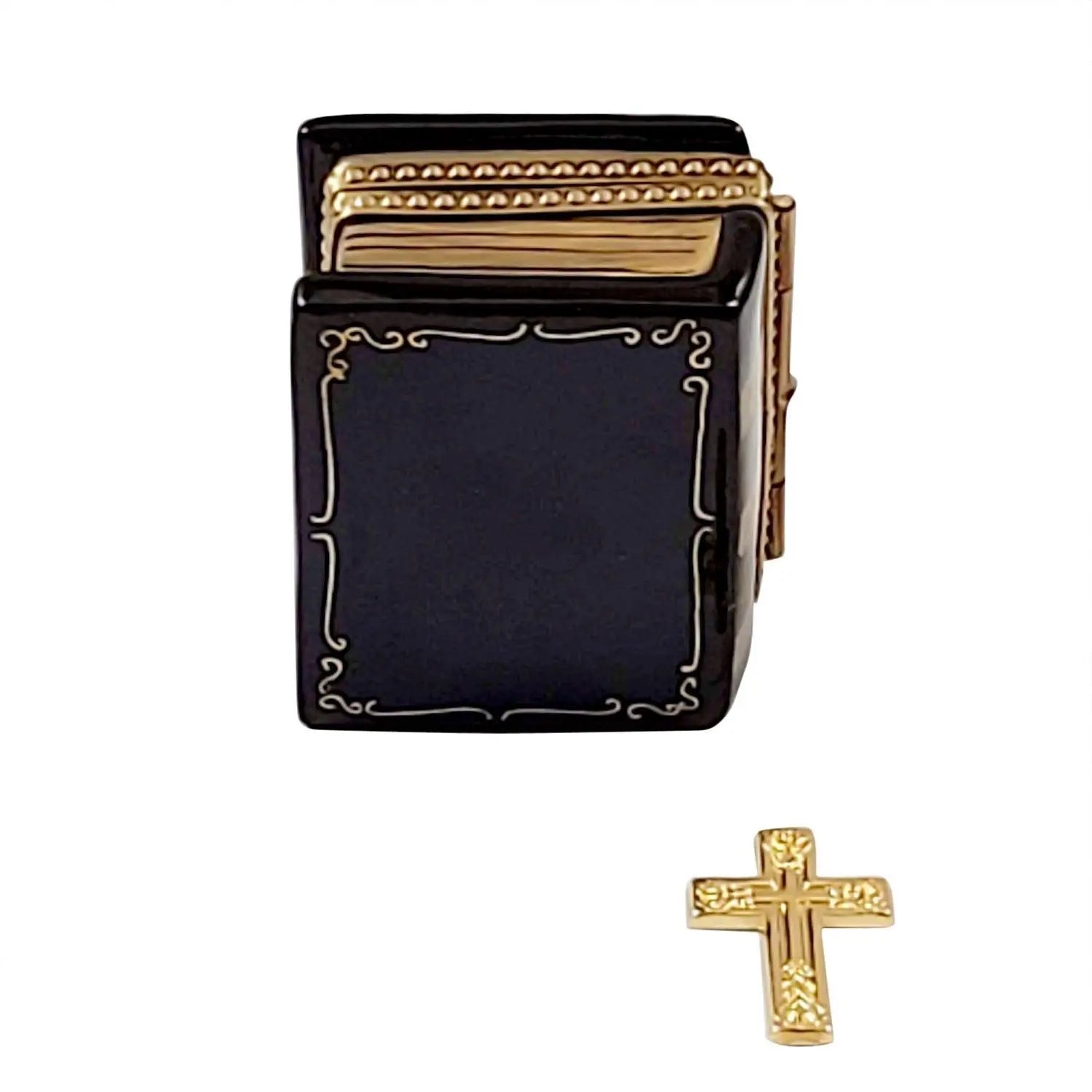 Black Bible with Removable Brass Cross Porcelain Limoges christian religious French Trinket Box