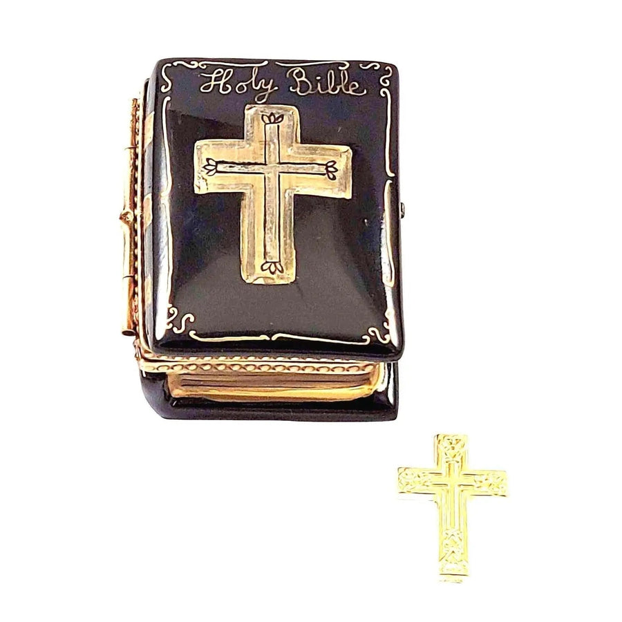 Black Bible with Removable Brass Cross Porcelain Limoges christian religious French Trinket Box