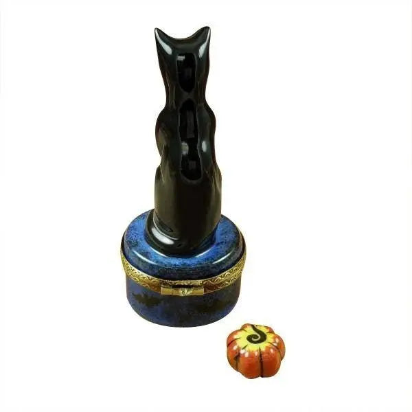 Black Halloween Cat on Night with Jackolantern Porcelain Limoges Cat halloween French Trinket Box