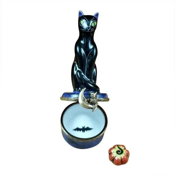 Black Halloween Cat on Night with Jackolantern Porcelain Limoges Cat halloween French Trinket Box