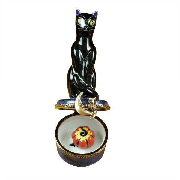 Black Halloween Cat on Night with Jackolantern Porcelain Limoges Cat halloween French Trinket Box