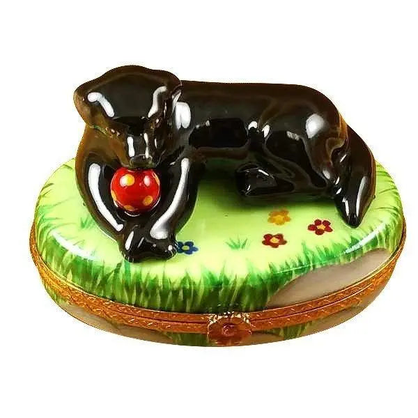 Black Lab Dog with Ball Porcelain Limoges Dog French Trinket Box