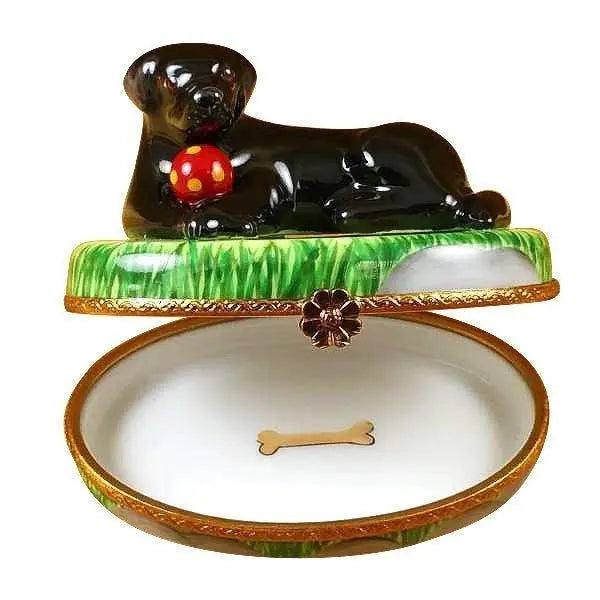 Black Lab Dog with Ball Porcelain Limoges Dog French Trinket Box