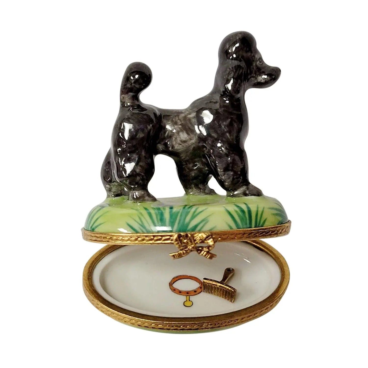 Black Poodle with Removable Grooming Tool Porcelain Limoges Dog Limoges Boxes French Trinket Box