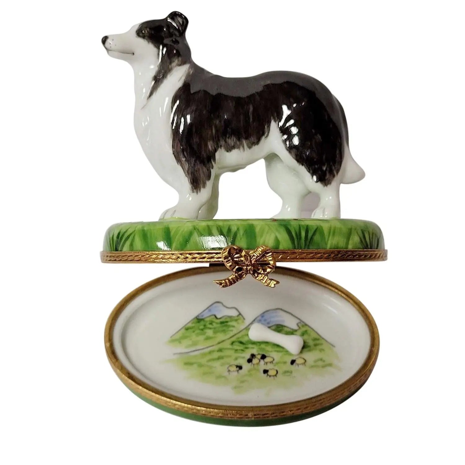 Black & White Collie Dog with Removable Bone Porcelain Limoges dog French Trinket Box