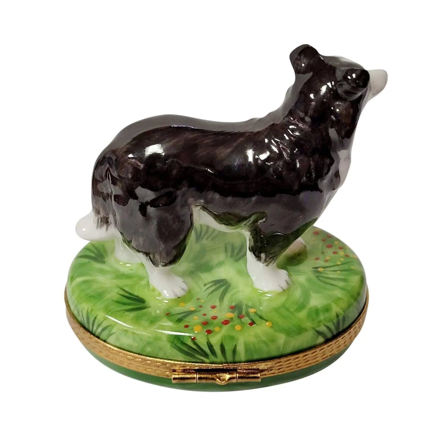 Black & White Collie Dog with Removable Bone Porcelain Limoges dog French Trinket Box