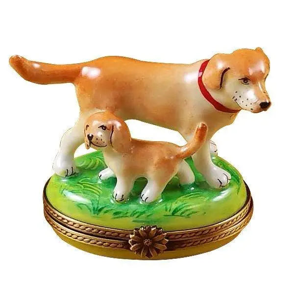 Blond / Yellow Labrador with Puppy Porcelain Limoges Dog French Trinket Box