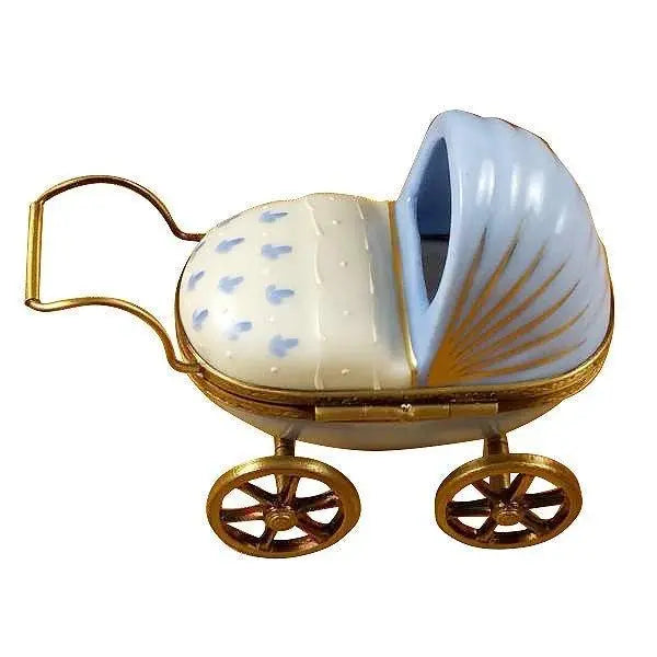Blue Baby Carriage Porcelain Limoges Babies Figurine French Trinket Box