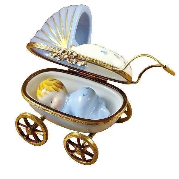 Blue Baby Carriage Porcelain Limoges Babies Figurine French Trinket Box