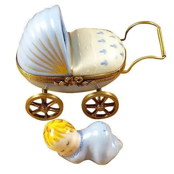 Blue Baby Carriage Porcelain Limoges Babies Figurine French Trinket Box