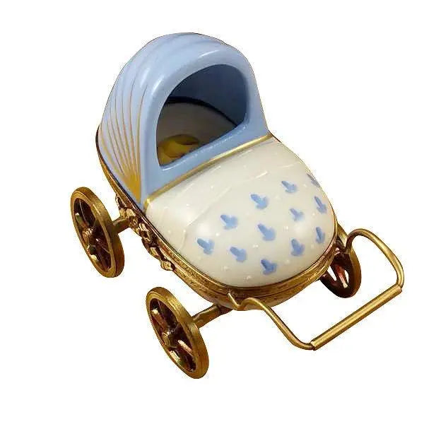 Blue Baby Carriage Porcelain Limoges Babies Figurine French Trinket Box