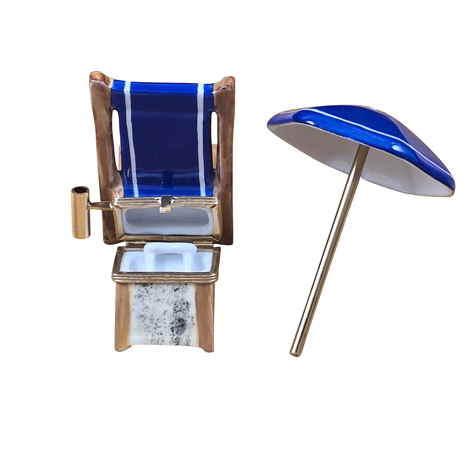 Blue Beach Chair w Removable Umbrella Porcelain Limoges beach ocean French Trinket Box