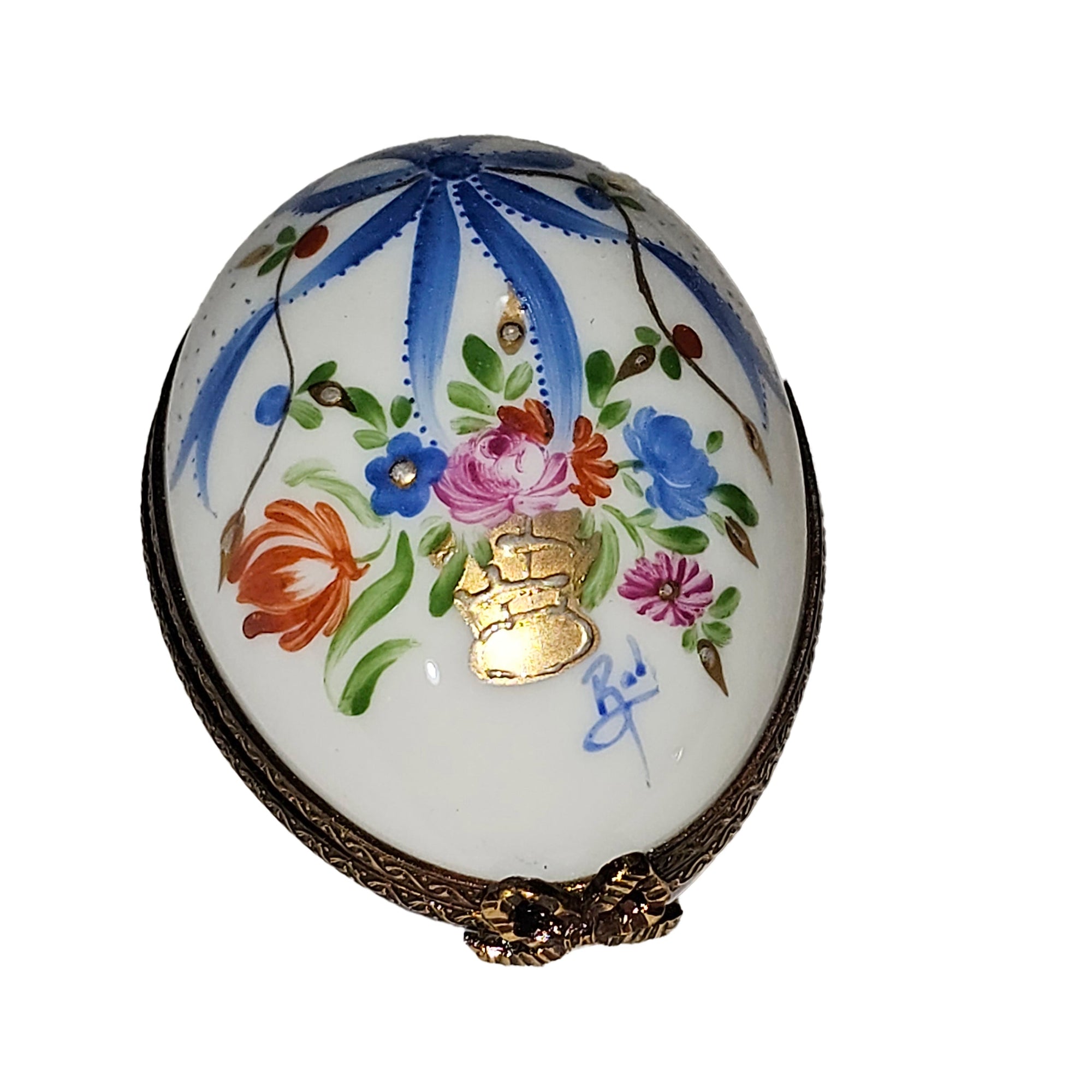 Blue Egg With Floral Bow Porcelain Limoges Egg French Trinket Box