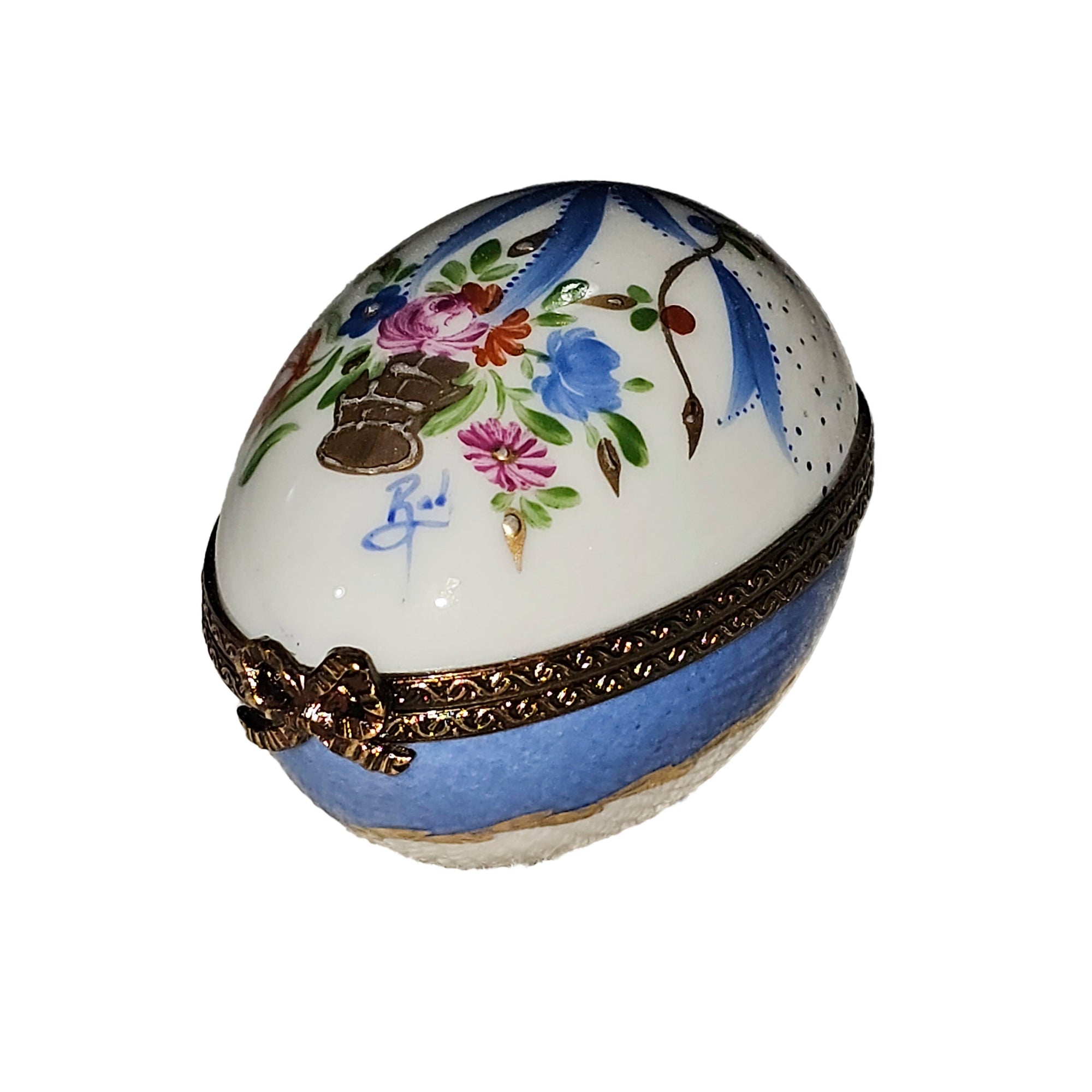 Blue Egg With Floral Bow Porcelain Limoges Egg French Trinket Box