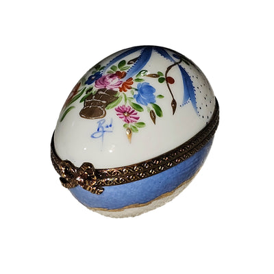 Blue Egg With Floral Bow Porcelain Limoges Egg French Trinket Box