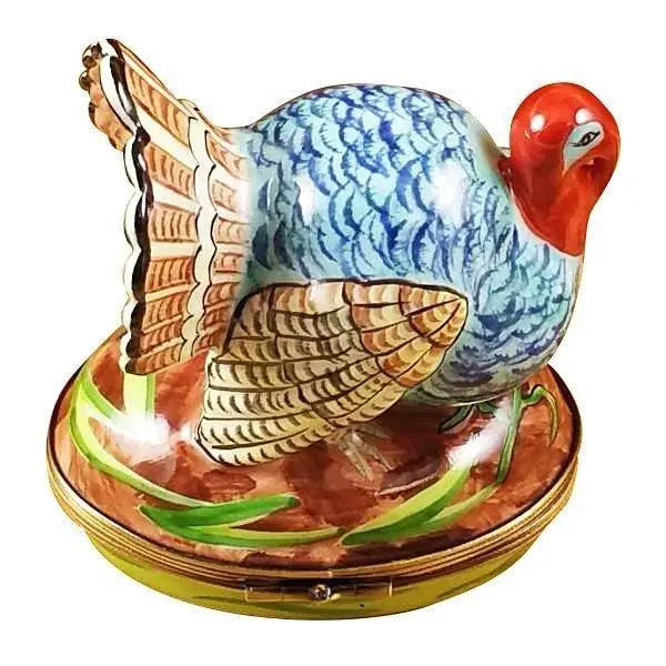 Blue Turkey with Cornstalk Porcelain Limoges Thanksgiving Farm Bird French Trinket Box