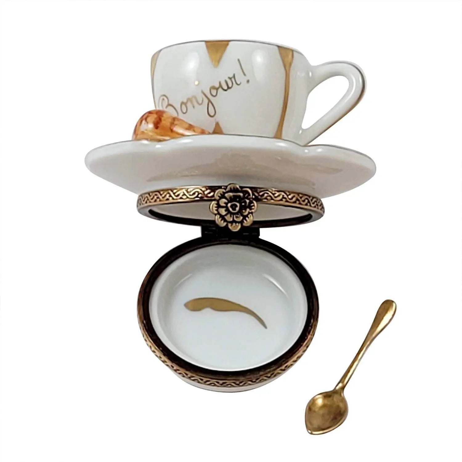 Bonjour Cup of Coffee w Croissant Porcelain Limoges Home Food French Trinket Box