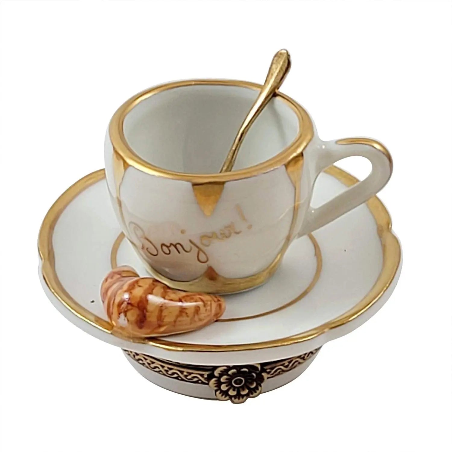 Bonjour Cup of Coffee w Croissant Porcelain Limoges Home Food French Trinket Box