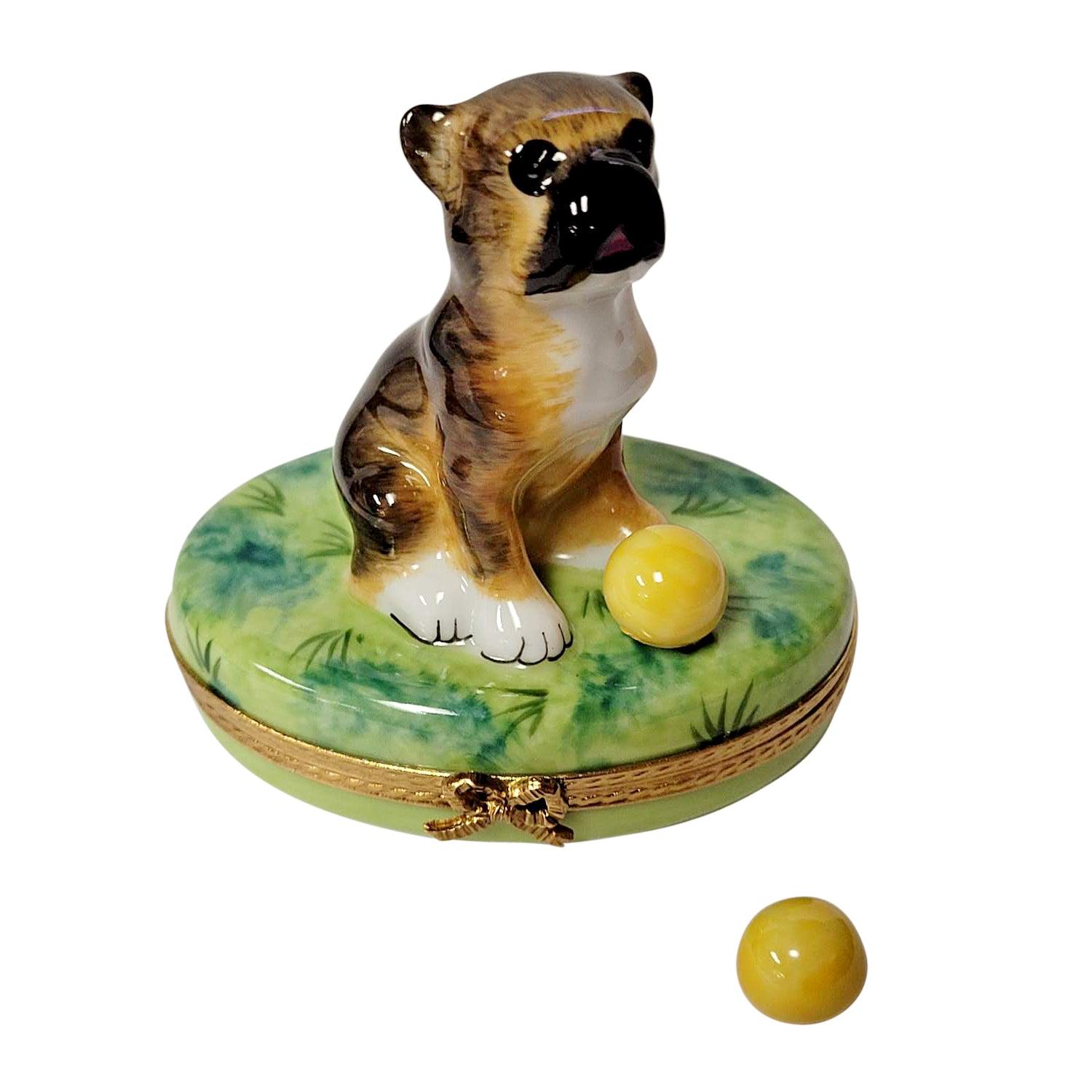 Boxer on Grass with Removable Ball Porcelain Limoges dog French Trinket Box