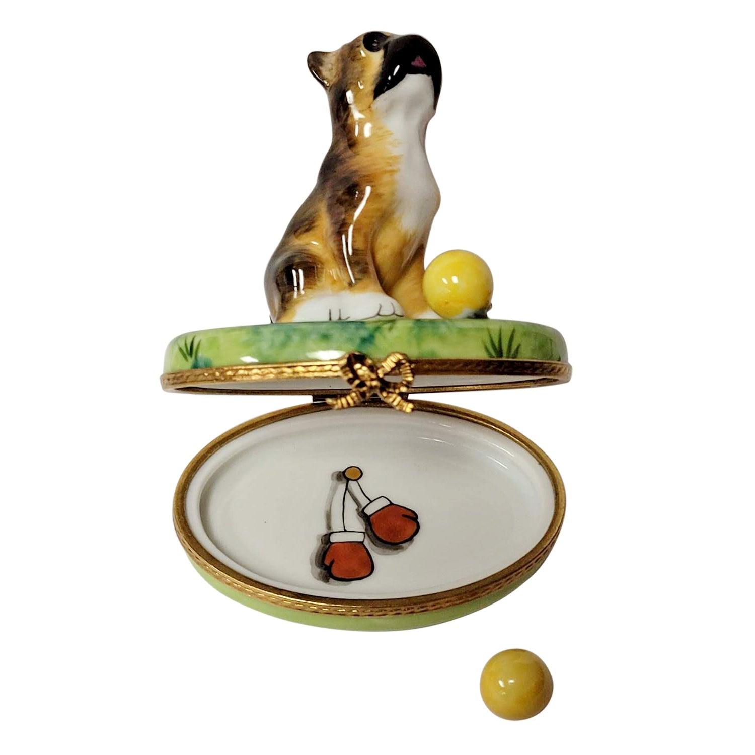 Boxer on Grass with Removable Ball Porcelain Limoges dog French Trinket Box