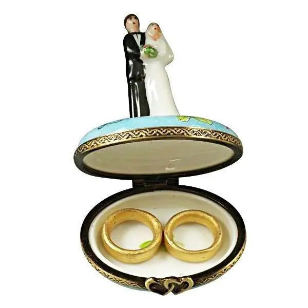 Bride and Groom with 2 Removable Rings Porcelain Limoges wedding anniversary French Trinket Box