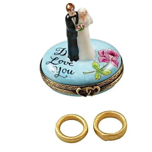 Bride and Groom with 2 Removable Rings Porcelain Limoges wedding anniversary French Trinket Box
