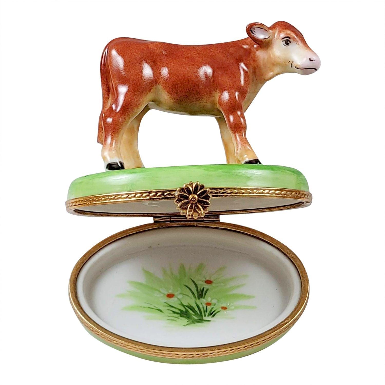 Brown Cow Porcelain Limoges farm animal cow French Trinket Box