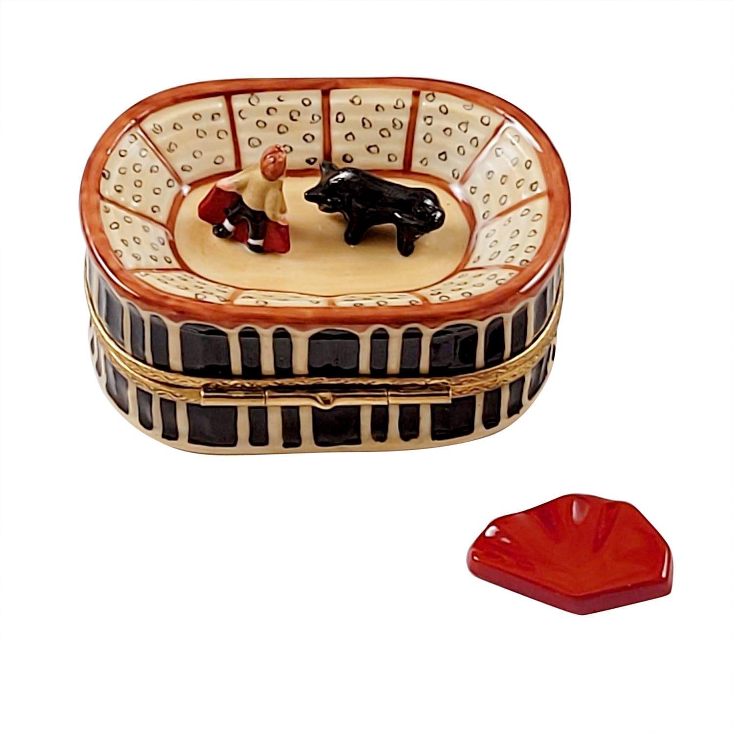Bullfighting Arena with Removable Red Cape Porcelain Limoges travel wild animals monuments French Trinket Box