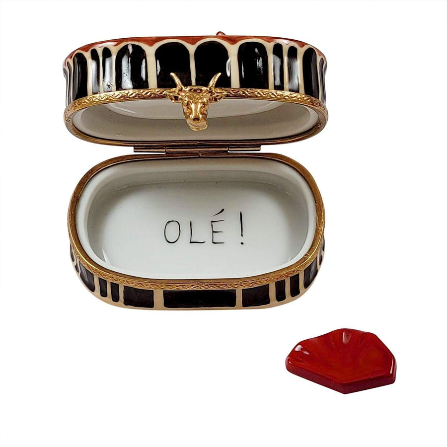 Bullfighting Arena with Removable Red Cape Porcelain Limoges travel wild animals monuments French Trinket Box