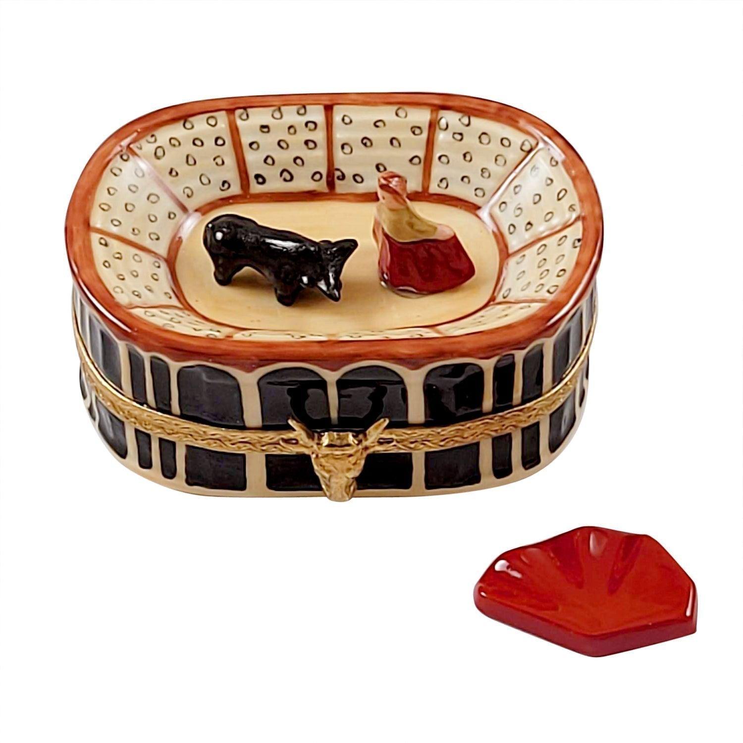 Bullfighting Arena with Removable Red Cape Porcelain Limoges travel wild animals monuments French Trinket Box