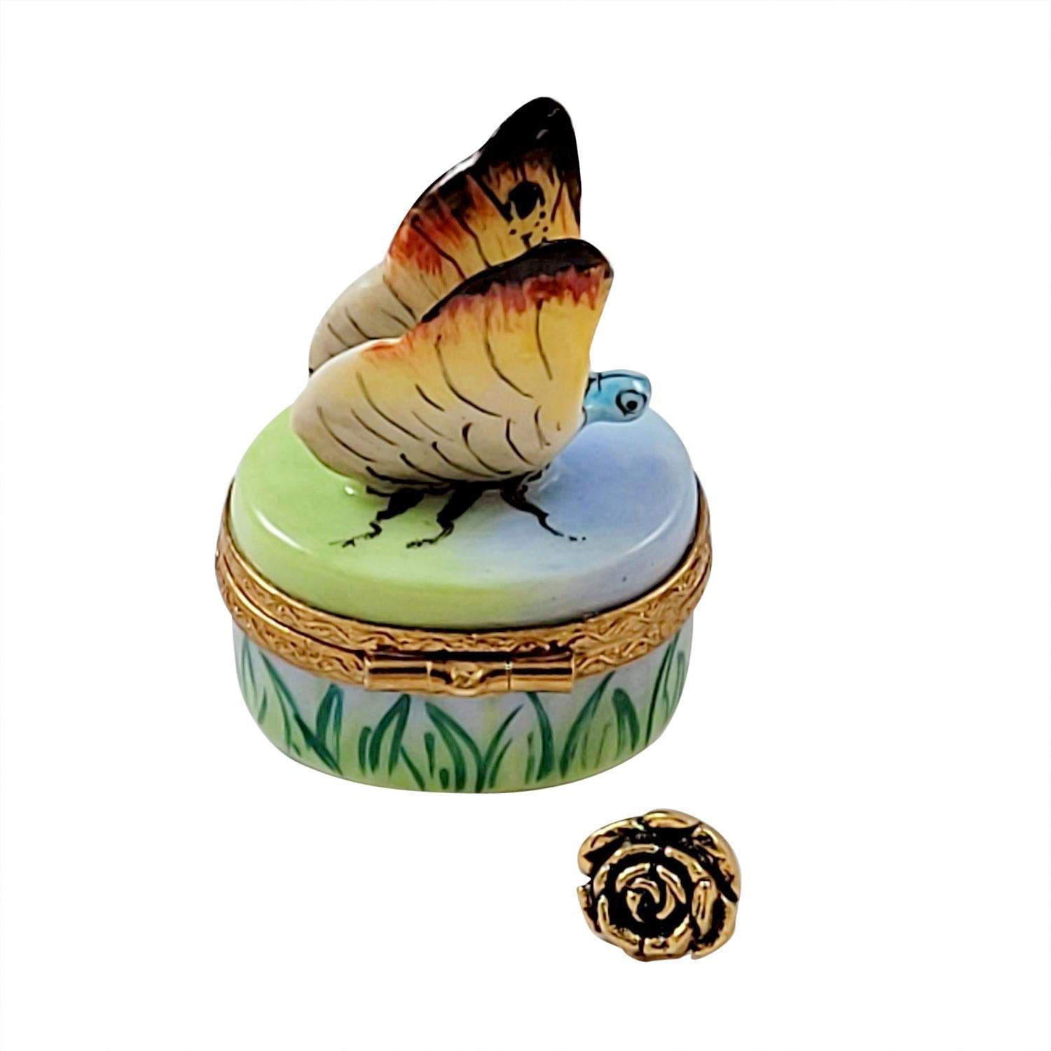 Butterfly with Removablle Brass Flower Porcelain Limoges Butterfly French Trinket Box