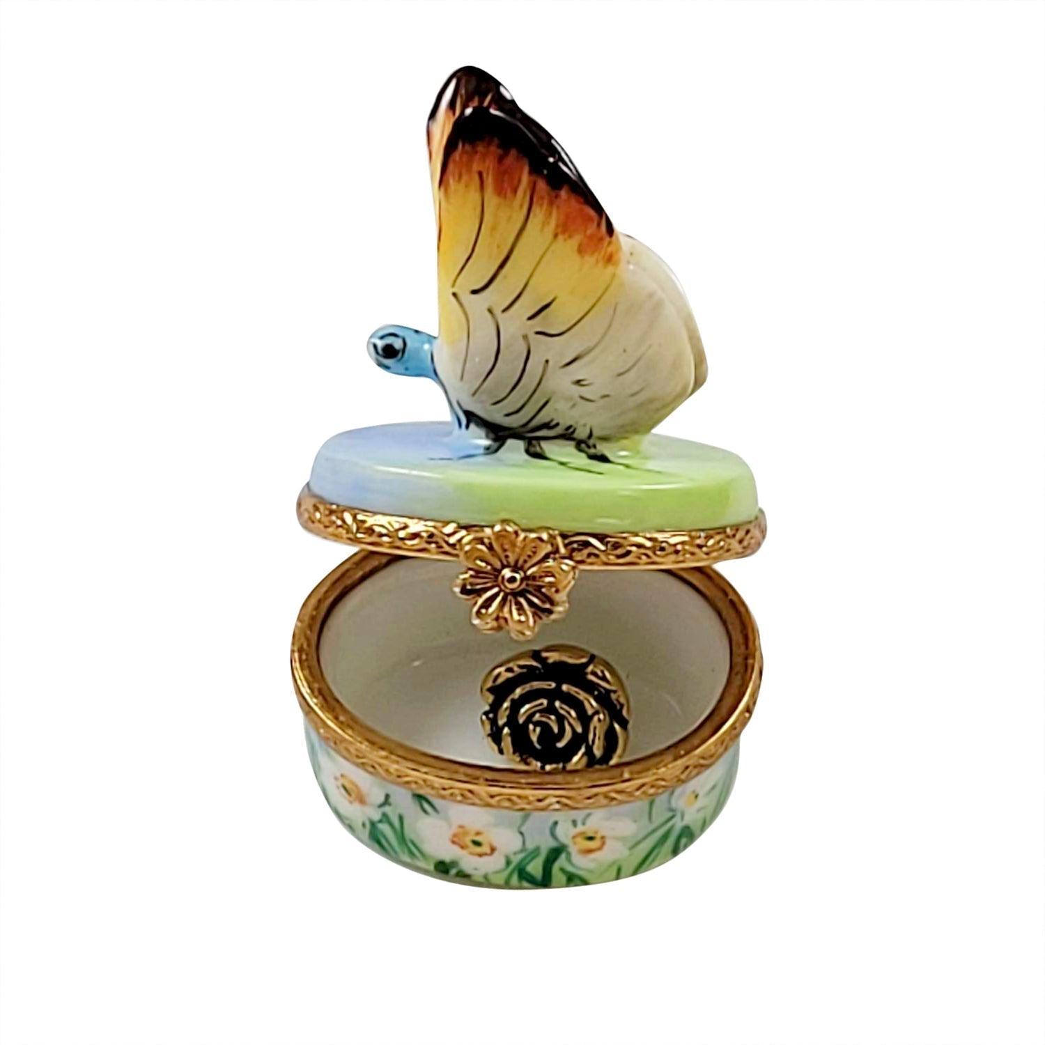 Butterfly with Removablle Brass Flower Porcelain Limoges Butterfly French Trinket Box