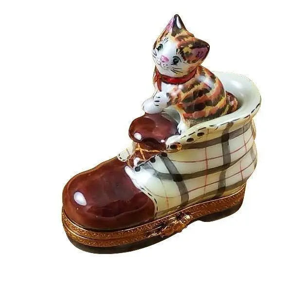 Cat in Scottish Plaid Boot Porcelain Limoges Cat shoe French Trinket Box