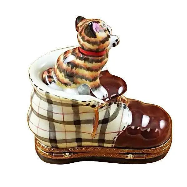 Cat in Scottish Plaid Boot Porcelain Limoges Cat shoe French Trinket Box