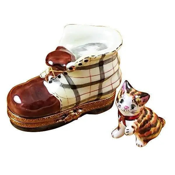 Cat in Scottish Plaid Boot Porcelain Limoges Cat shoe French Trinket Box