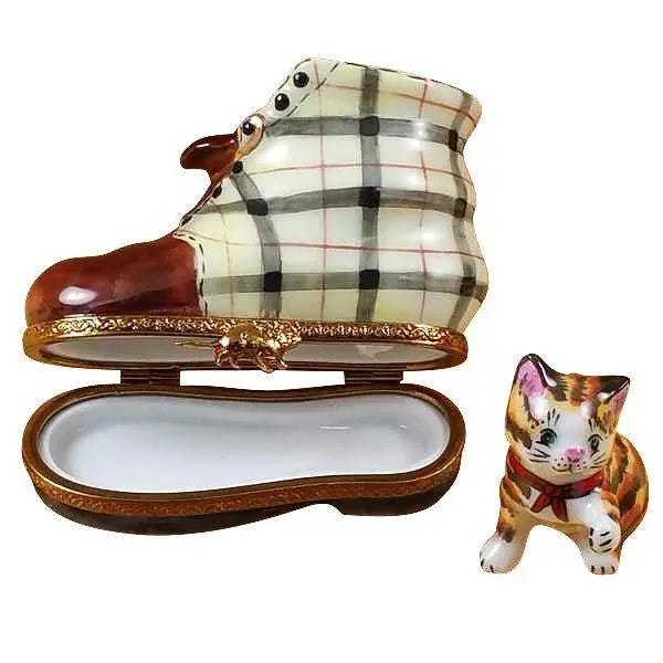 Cat in Scottish Plaid Boot Porcelain Limoges Cat shoe French Trinket Box