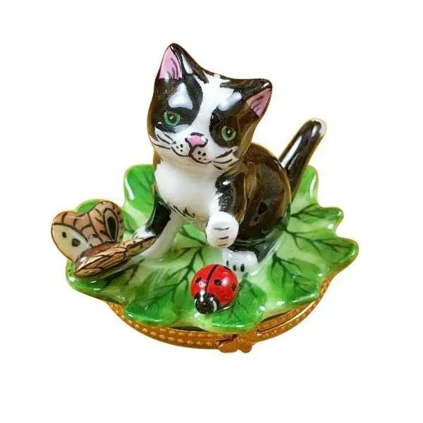 Cat on Leaf with Ladybug and Butterfly Porcelain Limoges Cat Bugs French Trinket Box